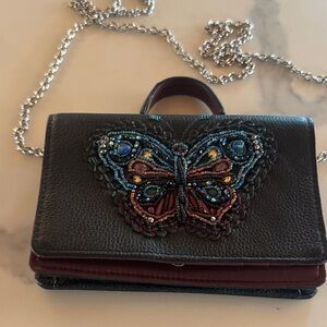 Brighton Black Leather Clutch with Embroidered Butterfly